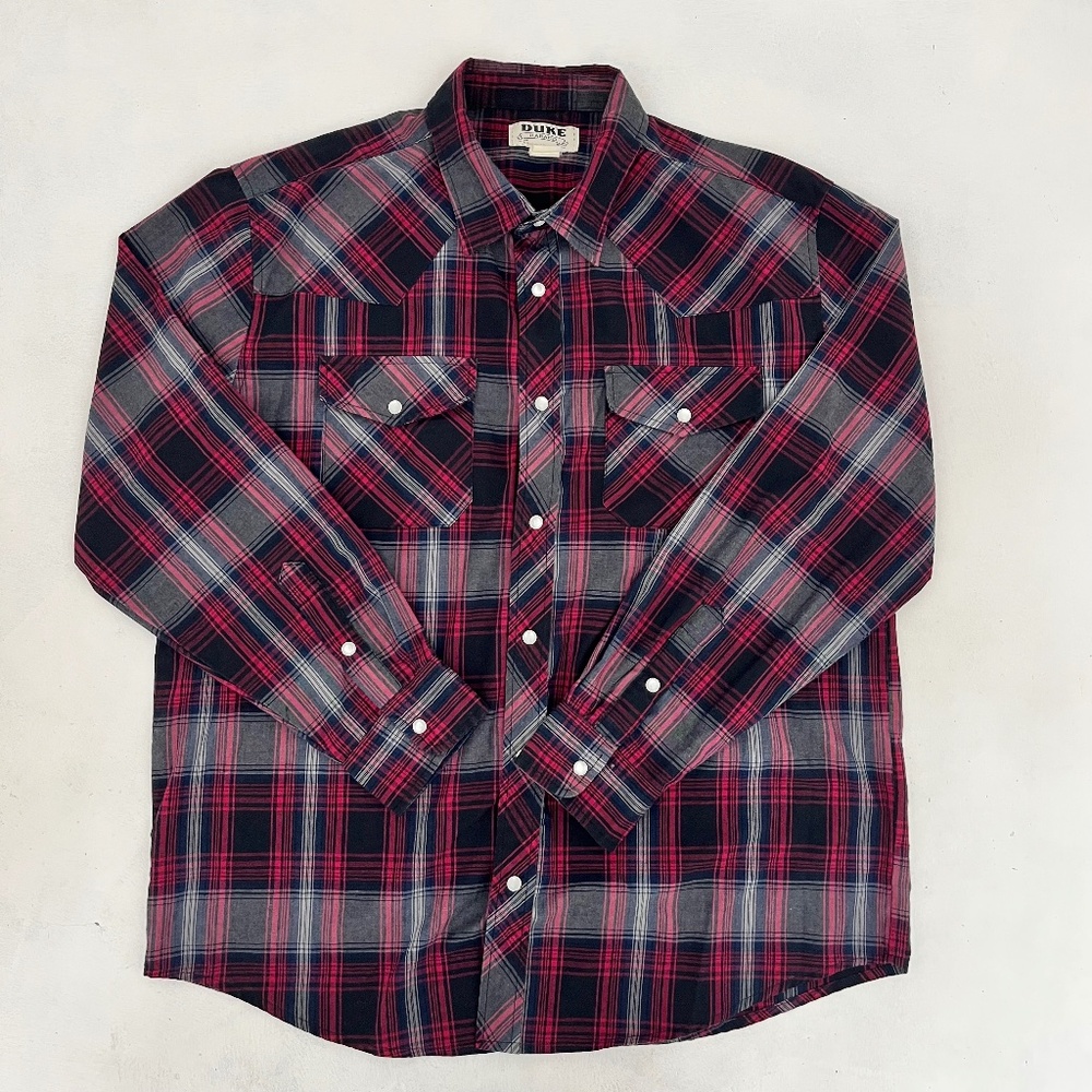 Duke Haband Mens Size L Button Up Western‎ Shirt Red Black Plaid Pearl Snap